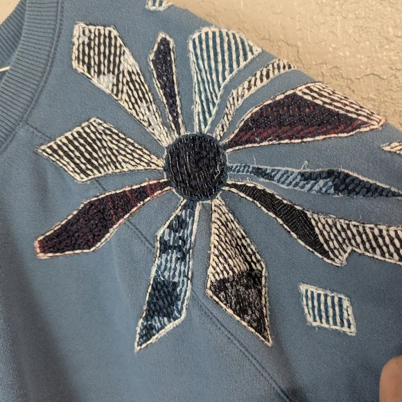 Blue Floral Embroidered Sweatshirt 2X Grannycore Patchwork Indie Boho Hippie - Picture 3 of 11